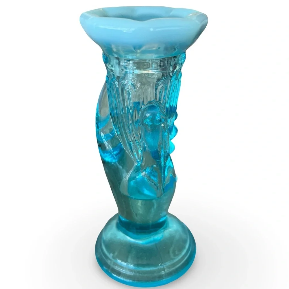 Vintage Fenton Blue Opalescent Miniature Hand Vase 4”